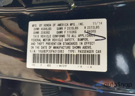 2015 Acura Tlx V6 из США, поврежденный, VIN 19UUB2F30FA010993